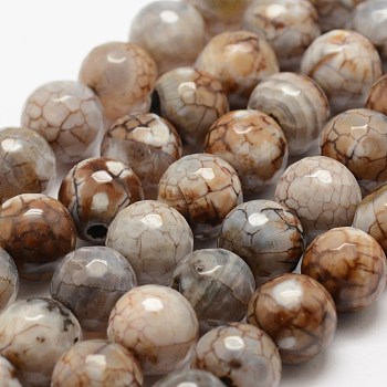 Faceted Natural Fire Crackle Agate Beads Strands, Round, Dyed & Heated, Khaki, 12mm, Hole: 1.5mm,about 30~32pcs/strand, 14 inch(35.6cm)