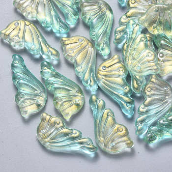 Transparent Spray Painted Glass Pendants, with Glitter Powder, Butterfly Wings, Turquoise, 24x12.5x4mm, Hole: 1.4mm