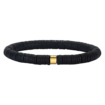 Polymer Clay Heishi Surfer Stretch Bracelet with 304 Stainless Steel Beaded, Preppy Bracelet, Black, Inner Diameter: 2 inch(5.2cm)