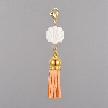 Faux Suede Tassel Big Pendants, with Natural Freshwater Shell Beads and 304 Stainless Steel Lobster Claw Clasps, Orange, 71.5mm