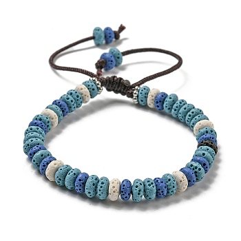 Disc Dyed Natural Lava Rock Adjustable Braided Beaded Bracelet, with PVC Findings, Sky Blue, Inner Diameter: 2-1/8~3-3/8 inch(5.3~8.5cm)