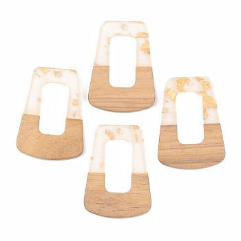 Transparent Resin & Walnut Wood Pendants, with Gold Foil, Trapezoid, Clear, 37.5x27x3mm, Hole: 2mm
