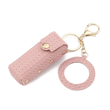 PU Leather Lipstick Storage Bags, Portable Lip Balm Organizer Holder for Women Ladies, with Light Gold Tone Alloy Keychain and Mirror, Pink, 15x3.7cm
