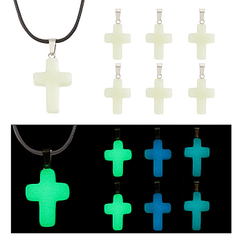AHADERMAKER 12Pcs 3 Effects Synthetic Luminous Stone Pendants, Religion Cross Charm, with Platinum Tone Alloy Findings, Light Goldenrod Yellow, 28~29x17.5~18x5.5~6.5mm, Hole: 3.5x7mm, 4pcs/effect