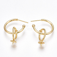 Brass Stud Earring Findings, Half Hoop Earrings, For Half Drilled Beads, Nickel Free, Real 18K Gold Plated, 32x20mm, Pin: 0.8mm, Bail Pin: 1mm(KK-T038-315G)