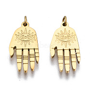 304 Stainless Steel Pendants, with Jump Rings, Hamsa Hand/Hand of Fatima/Hand of Miriam with Eye, Real 14K Gold Plated, 15x7.5x1mm, Jump Ring: 2.7x0.4mm, 1.9mm inner diameter(STAS-S116-371G)