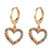 Brass Micro Pave Cubic Zirconia Huggie Hoop Earrings, Heart, Colorful, Golden, 25mm, Pin: 1mm(EJEW-JE04531-05)