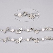 3.28 Feet Handmade Brass Beaded Chains, with Brass Charms, Glass Imitation Pearl, Soldered, Long-Lasting Plated, Eye, White, Platinum, 10.5x3.2x3mm, 3.5x2.5x0.3mm(X-CHC-I029-01P)