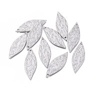 304 Stainless Steel Pendants, Textured, Leaf, Stainless Steel Color, 35x12.5x1.2mm, Hole: 1.6mm(STAS-K207-16P)