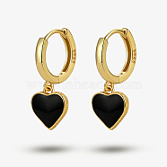 925 Sterling Silver Hoop Earring, Enamel Heart Dangle Earring for Women, Real 18K Gold Plated, Black, 20x8mm(JH7527-1)