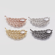Brass Micro Pave Cubic Zirconia Links, Clear, Feather, Mixed Color, 12x26.5x3.5mm, Hole: 0.6mm(ZIRC-E147-11)