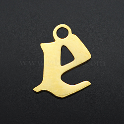 201 Stainless Steel Charms, Laser Cut, Letter, Golden, Letter.E, E:7.5x7x1mm, Hole: 1.2mm(STAS-S105-JA570-E)