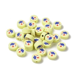 Handmade Polymer Clay Beads, Flat Round with Graduation Hat, Light Goldenrod Yellow, 9.5x4mm, Hole: 1.6mm(CLAY-H005-10)