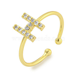 Rack Plating Brass Open Cuff Rings for Women, with Cubic Zirconia, Cadmium Free & Lead Free, Long-Lasting Plated, Letter, Letter H, Inner Diameter: 17.5mm, Letter: 7.9x6mm(RJEW-F162-02G-H)