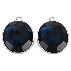 Faceted Glass Pendants, with Alloy Open Back Settings, Flat Round, Cadmium Free & Lead Free, Dark Blue, Platinum, 37x29x12mm, Hole: 3mm(PALLOY-N167-08-01P-RS)