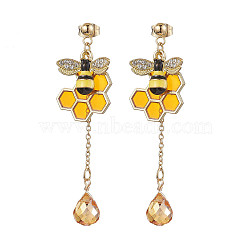 Honeycomb & Bees Alloy Enamel Dangle Earrings, Brass Stud Earrings for Women, Teardrop, Golden, 60x17.5mm(EJEW-TA00515)