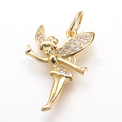 Brass Micro Pave Cubic Zirconia Pendants, with Jump Rings, Fairy, Golden, 24x17.5x4mm, Hole: 5mm(ZIRC-T002-12G)