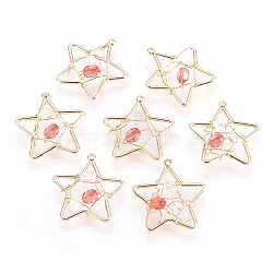 Brass Pendants, with Acrylic Rhinestone, Nickel Free, Star, Real 18K Gold Plated, Orange Red, 20.5x19.5x6mm, Hole: 1mm(KK-F755-24G-02-NF)