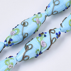 Handmade Gold Sand Lampwork Beads Strands, Bumpy, Rice with Flower Pattern, Light Sky Blue, 45~47.5x14.5~15.5mm, Hole: 1.5mm, about 10pcs/Strand, 17.72 inch(LAMP-T007-02F)