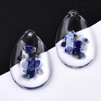 Transparent Glass Pendants, with Natural Lapis Lazuli Chip Beads inside and Epoxy Resin Bottom, Teardrop, 30x20x8mm, Hole: 1.5mm