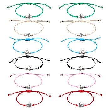 FIBLOOM 12Pcs 2 Colors Tortoise Alloy Link Bracelets Set, Adjustable Waxed Cords Couple Bracelets for Women, Mixed Color, Inner Diameter: 4-1/2 inch(11.5cm), 1Pc/color