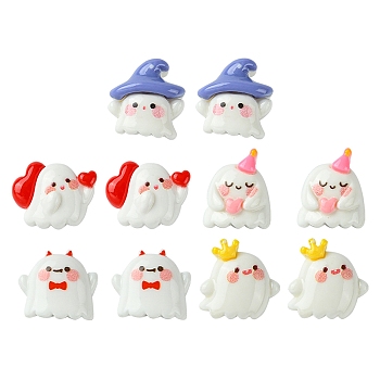 10Pcs 5 Styles Halloween Opaque Resin Decoden Cabochons, Small Ghost, Mixed Color, 7~13.5x11~15x6~7mm, 2pcs/style