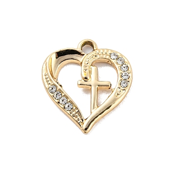 UV Plating Alloy Rhinestone Pendants, Heart with Cross Charms, Golden, 19.5x17.5x2.5mm, Hole: 2mm