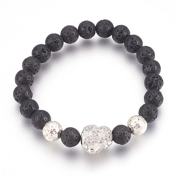 Stretch Bracelets, with Long-Lasting Plated Electroplated Natural Lava Rock, Natural Lava Rock and Brass Cubic Zirconia Beads, Buddha, Platinum & Silver, 2-1/8 inch(5.5cm)