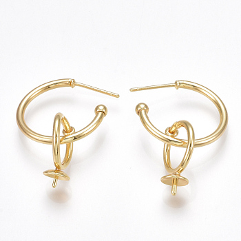 Brass Stud Earring Findings, Half Hoop Earrings, For Half Drilled Beads, Nickel Free, Real 18K Gold Plated, 32x20mm, Pin: 0.8mm, Bail Pin: 1mm