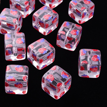 Transparent Printed Acrylic Beads, Square with Fruit Pattern, Strawberry Pattern, 16x16x16mm, Hole: 3mm