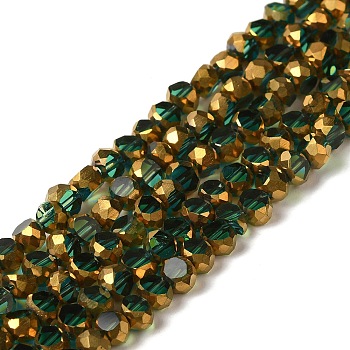 Electroplate Glass Beads Strands, Transparent Color, Half Golden Plated, Faceted, Flat Round, Dark Cyan, 4~4.5x3mm, Hole: 1mm, about 74~75pcs/strand, 10.39''~10.75''(26.4~27.3cm)