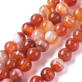 Natural Striped Agate/Banded Agate Beads Strands, Dyed & Heated, Round, Salmon, 8mm, Hole: 1.2mm, about 47pcs/strand, 14.96 inch(38cm)