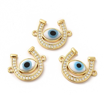 Rack Plating Real 18K Gold Plated Brass Micro Pave Clear Cubic Zirconia Connector Charms, Horseshoe Links, with Handmade Evil Eye Lampwork, Cadmium Free & Lead Free, Long-Lasting, White, 18.5x23x4mm, Hole: 1.5mm