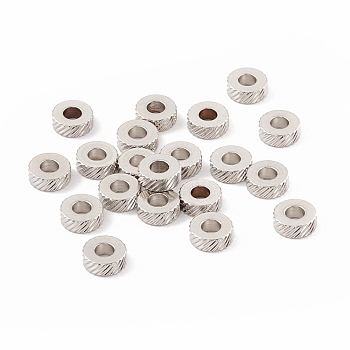 201 Stainless Steel Spacer Beads, Flat Round with Twill Texture, Stainless Steel Color, 8x3mm, Hole: 3.5mm