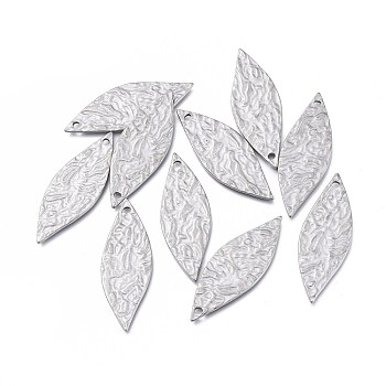 304 Stainless Steel Pendants, Textured, Leaf, Stainless Steel Color, 35x12.5x1.2mm, Hole: 1.6mm