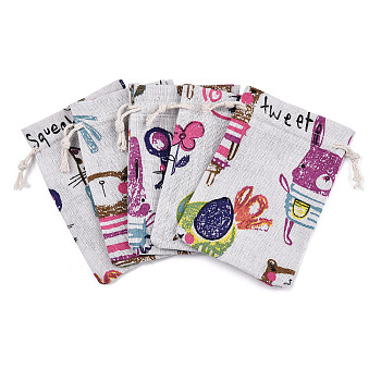 Polycotton(Polyester Cotton) Packing Pouches Drawstring Bags, with Printed Cat and Mouse, Old Lace, 14x10cm