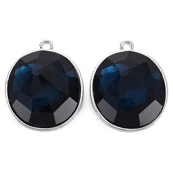 Faceted Glass Pendants, with Alloy Open Back Settings, Flat Round, Cadmium Free & Lead Free, Dark Blue, Platinum, 37x29x12mm, Hole: 3mm