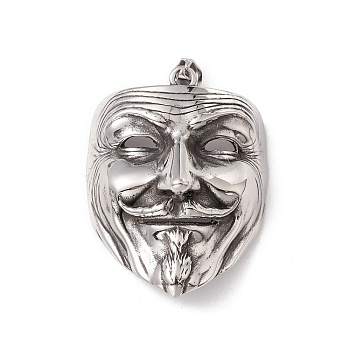 304 Stainless Steel Pendant, Mask, Antique Silver, 51x40x18mm, Hole: 8x4mm
