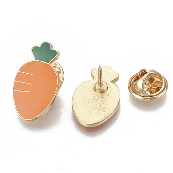 Alloy Brooches, Enamel Pin, Iron Pins and Brass Butterfly Clutches, Carrot, Light Gold, Dark Orange, 23x13x11~12mm, Pin: 1mm