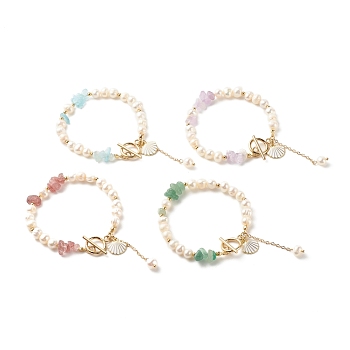 Natural Mixed Stone Chip Beaded Bracelets Set, Natural Pearl Bracelets, Shell Shape and Chain Tassel Charm Bracelets for Women, Golden, 7-5/8 inch(19.5cm), 4Pcs/set