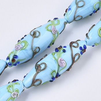 Handmade Gold Sand Lampwork Beads Strands, Bumpy, Rice with Flower Pattern, Light Sky Blue, 45~47.5x14.5~15.5mm, Hole: 1.5mm, about 10pcs/Strand, 17.72 inch