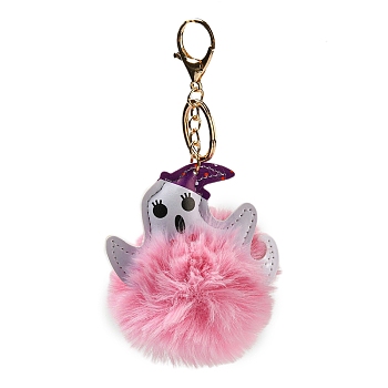 Halloween Alloy Keychain, with PU Imitation Leather and Plush Pompom, Ghost, Pink, 16.5cm
