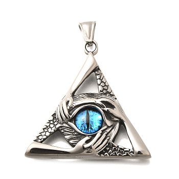 304 Stainless Steel Pendants, with Eye Shape Glass Bead, Triangle, 47x47x10mm, Hole: 8x4mm