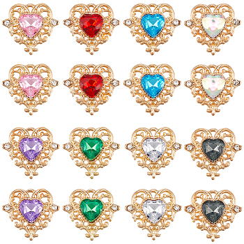 32Pcs 8 Colors Glass Pendants, Heart Charms, with Alloy Findings, Faceted, Mixed Color, 22x24.5x5.5mm, Hole: 2x1.5mm, 4pcs/color