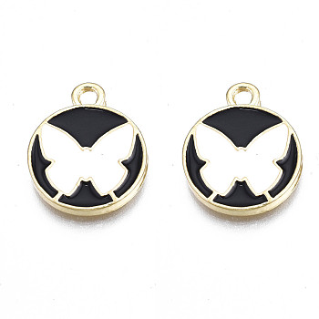 Alloy Enamel Pendants, Cadmium Free & Lead Free, Light Gold, Flat Round with Butterfly, White, 16x13.5x1.5mm, Hole: 1.8mm