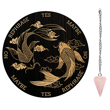 AHADEMAKER 1Pc Cone/Spike/Pendulum Natural Rose Quartz Stone Pendants, 1Pc 304 Stainless Steel Cable Chain Necklaces, 1Pc PVC Custom Pendulum Board, Dowsing Divination Board, Pisces Pattern, Board: 200x4mm