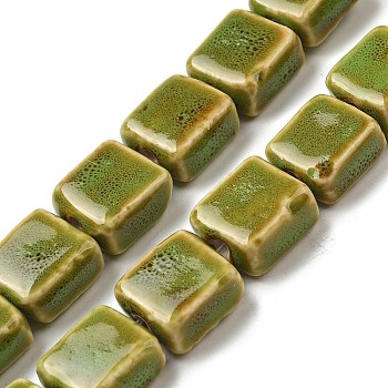 Handmade Porcelain Beads Strands, Square, Yellow Green, 16x15x8mm, Hole: 2mm, about 22pcs/strand, 13.66''(34.7cm)