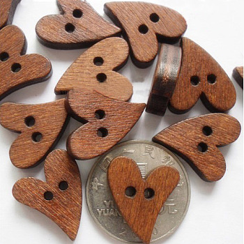 Heart Shaped Paint Buttons , Wooden Buttons, Sienna, about 20mm long, 16mm wide,Hole:2mm, 100pcs/bag