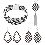 Tartan Teardrop PU Leather Pendant Necklaces & Bracelets & Dangle Earrings Sets, Alloy Jewelry Sets, Platinum, Necklace: 833mm(SJEW-WH0007-07B)
