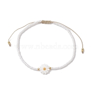 Flower Natural Shell & Glass Seed Braided Bead Bracelets, Adjustable Nylon Bracelet, White, Inner Diameter: 2-1/8~3-1/8 inch(5.5~8cm)(BJEW-JB09921-02)
